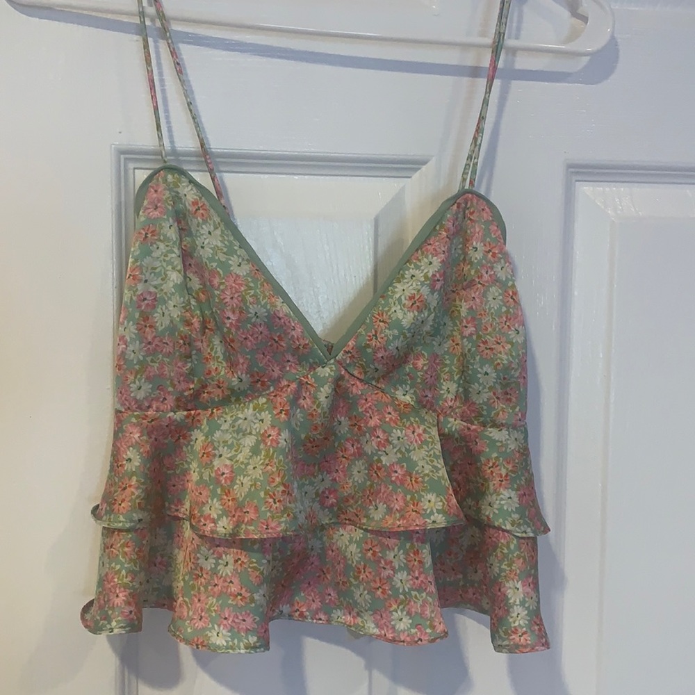 Pink and green floral crop tank top